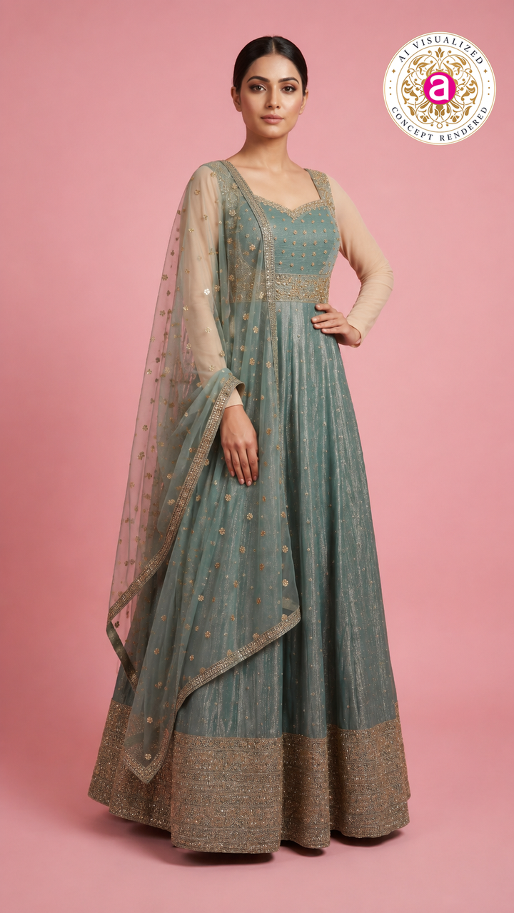 Sage Green Shimmer Anarkali Gown with Embroidered Dupatta