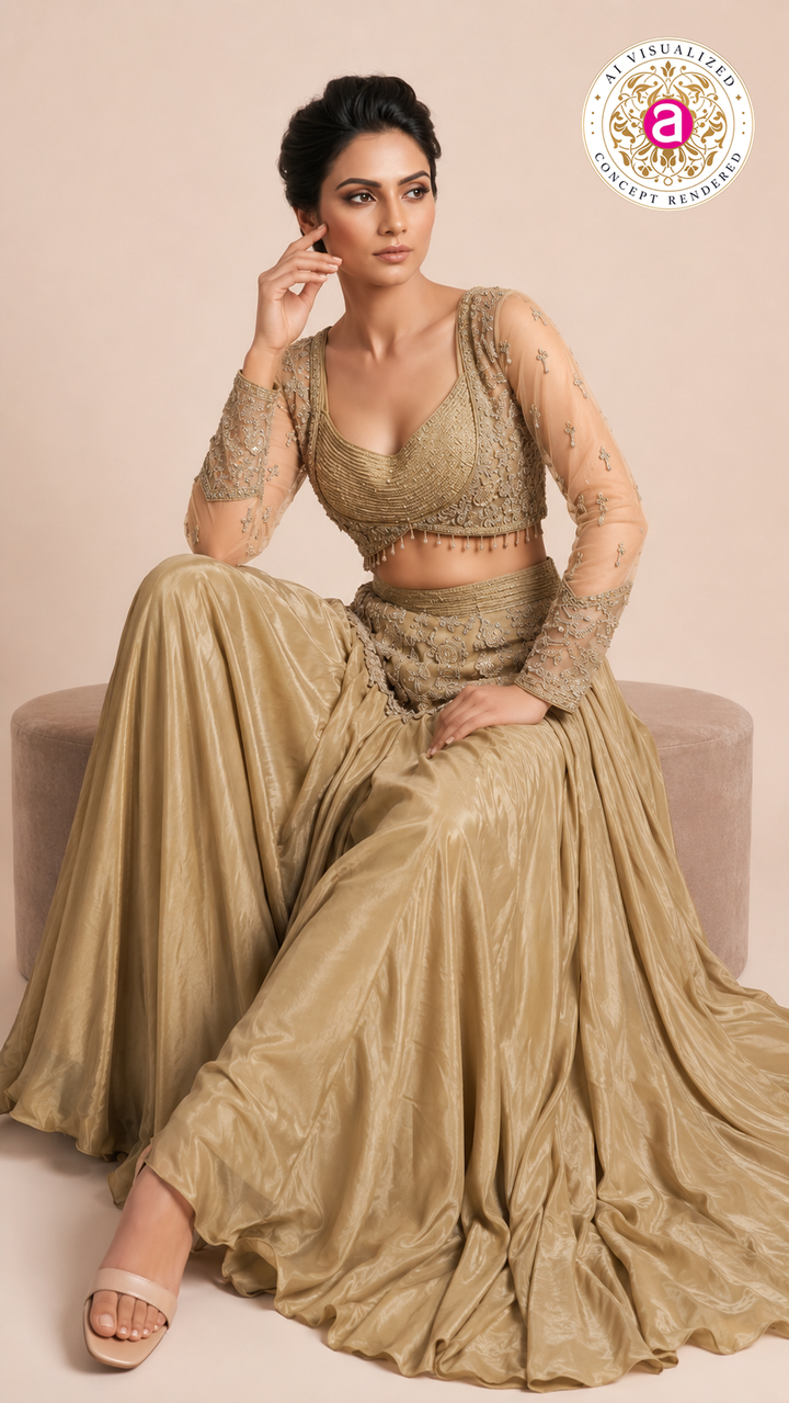 Champagne Gold Embroidered Lehenga Set with Sheer Embellished Sleeves