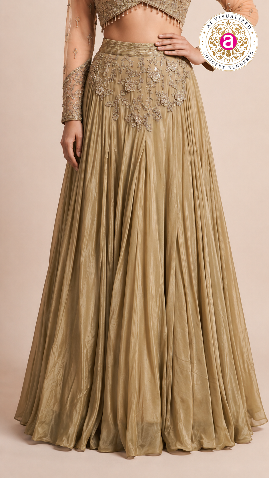 Champagne Gold Embroidered Lehenga Set with Sheer Embellished Sleeves