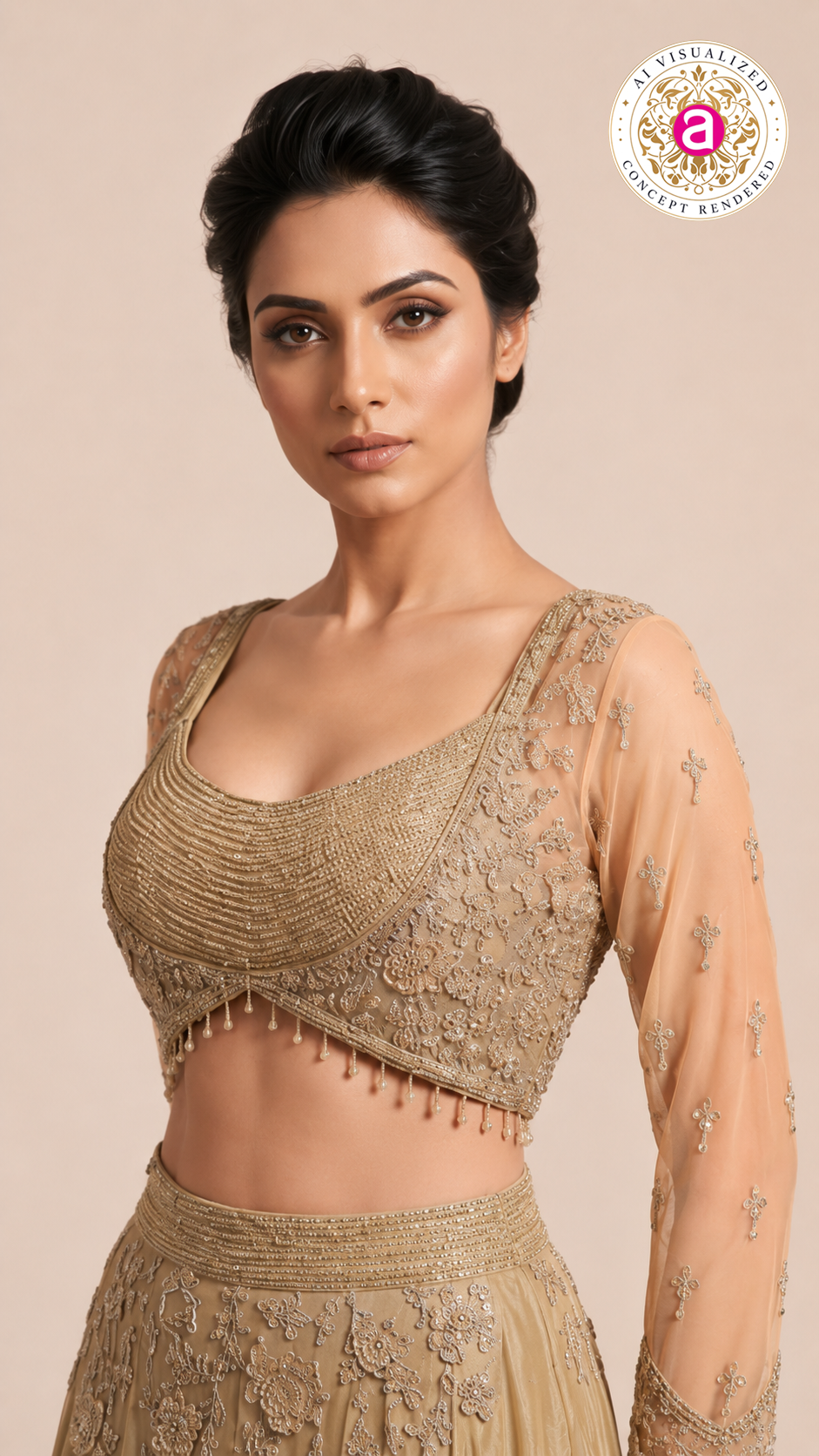Champagne Gold Embroidered Lehenga Set with Sheer Embellished Sleeves