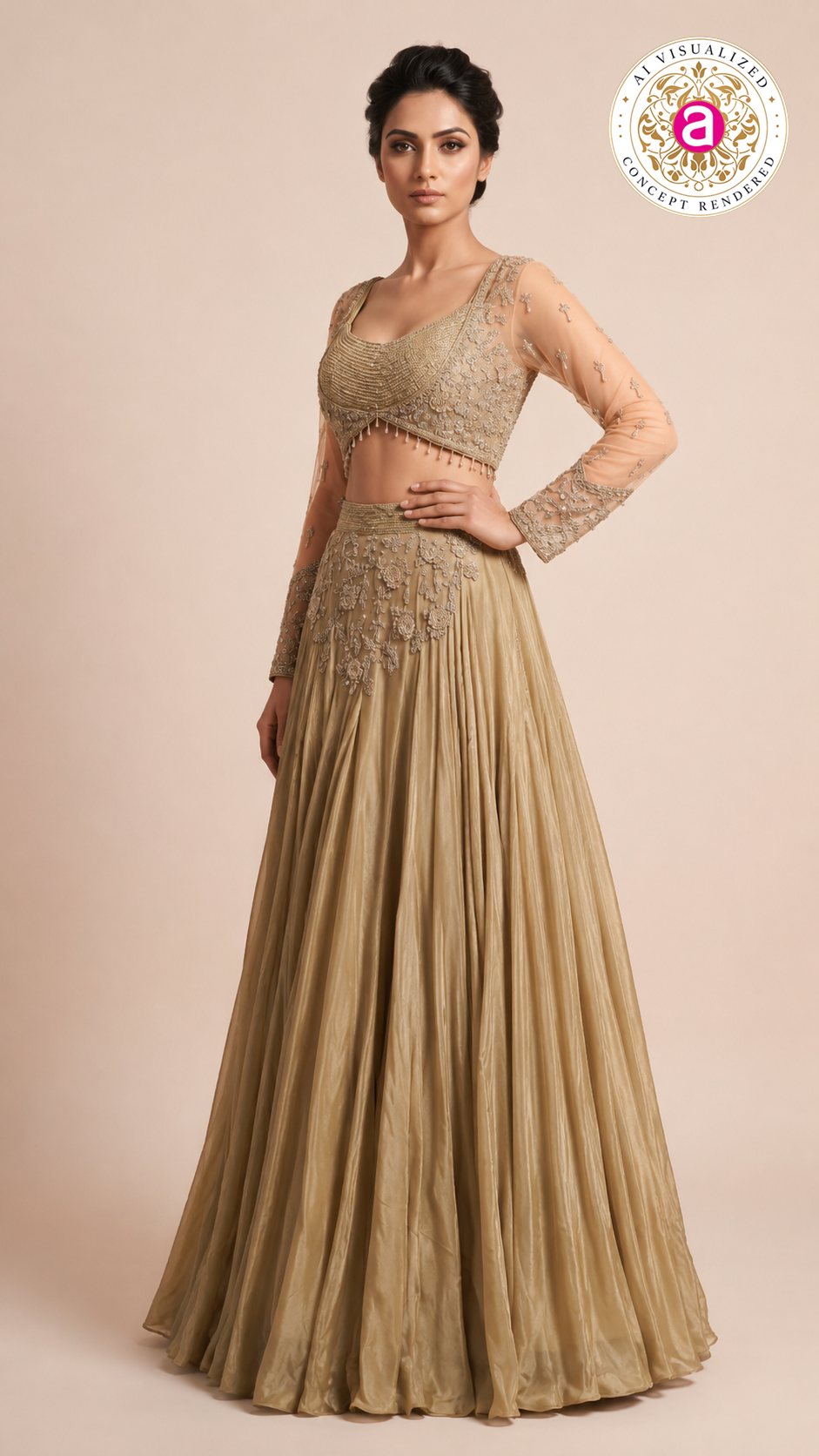 Champagne Gold Embroidered Lehenga Set with Sheer Embellished Sleeves