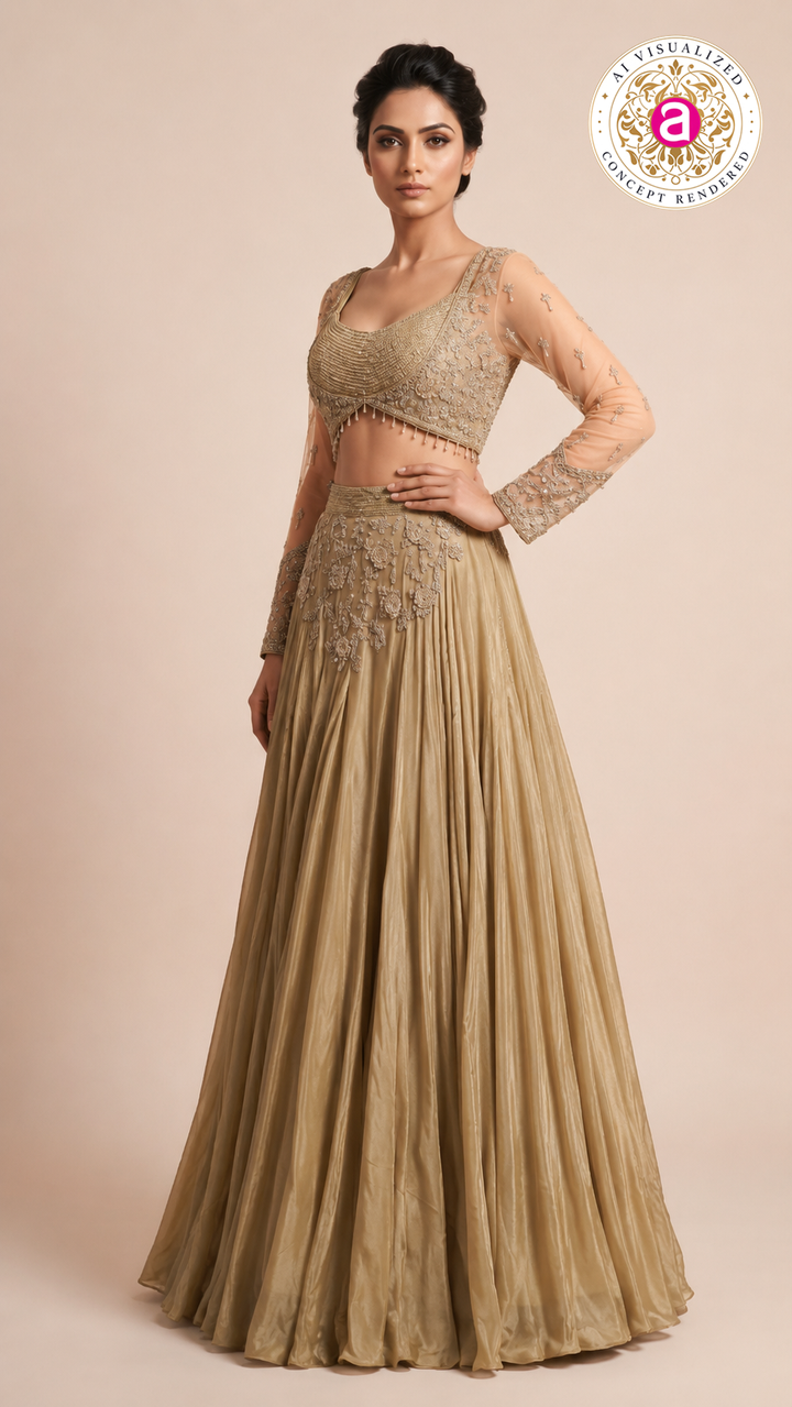 Champagne Gold Embroidered Lehenga Set with Sheer Embellished Sleeves