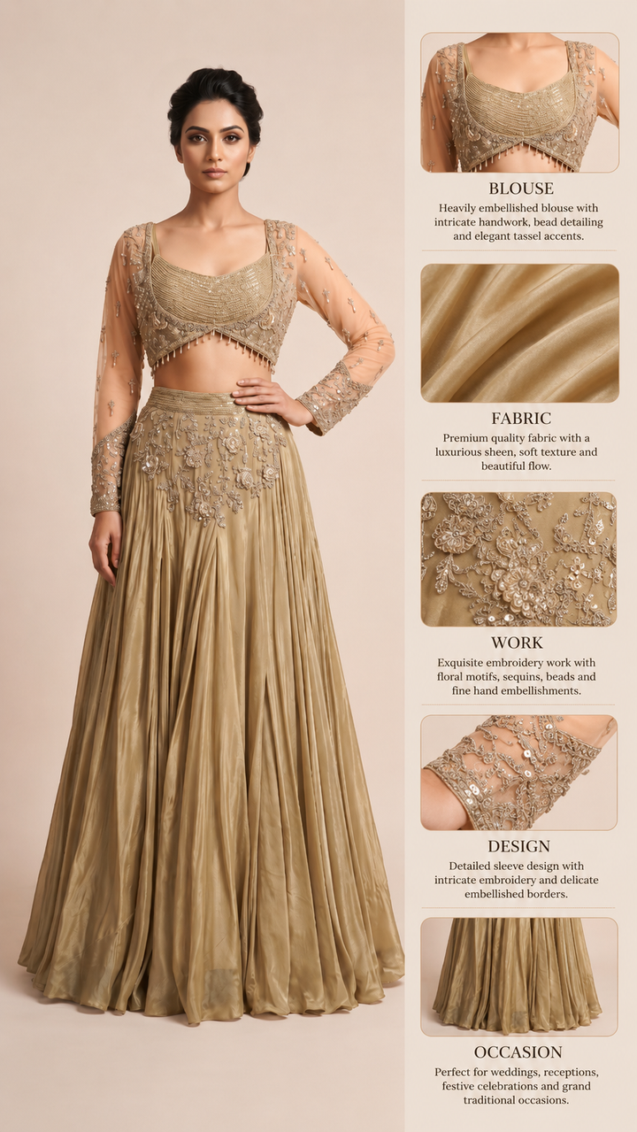Champagne Gold Embroidered Lehenga Set with Sheer Embellished Sleeves