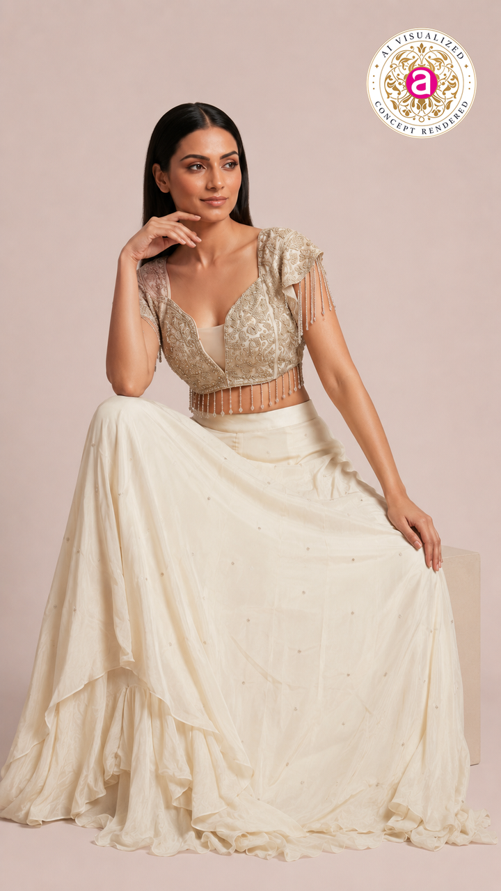 Ivory Pearl Embellished Draped Lehenga Set with Fringe Detailed Blouse