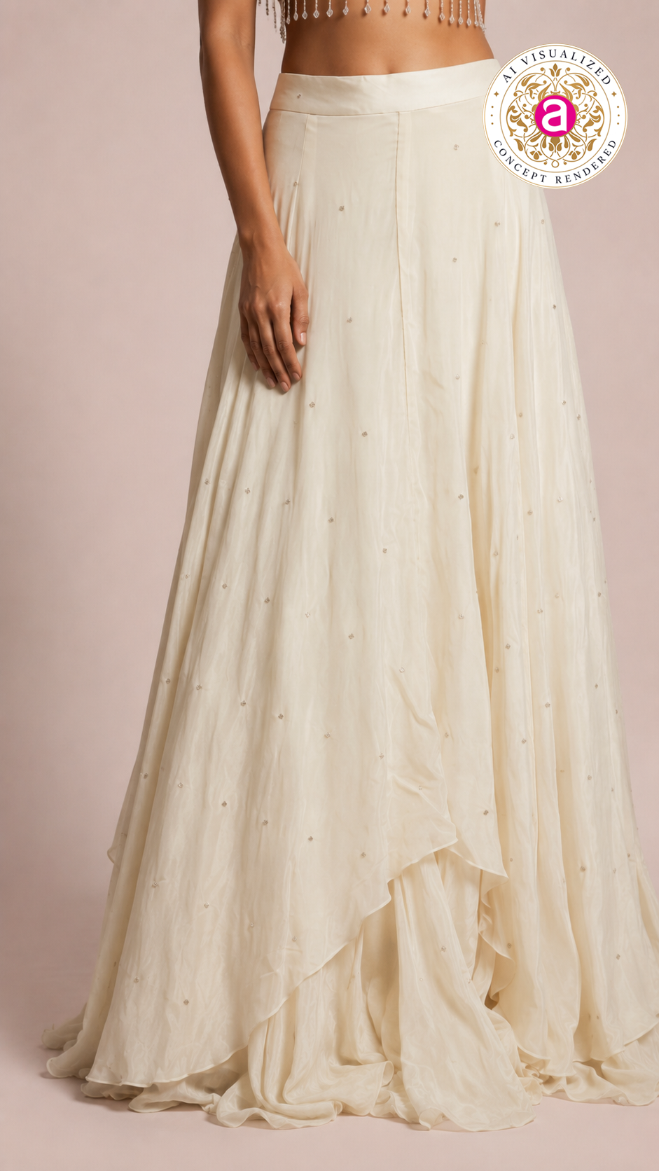 Ivory Pearl Embellished Draped Lehenga Set with Fringe Detailed Blouse