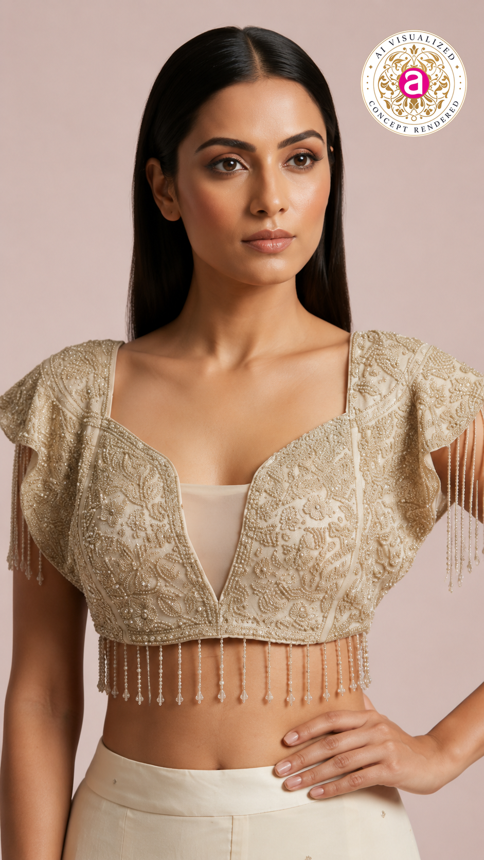 Ivory Pearl Embellished Draped Lehenga Set with Fringe Detailed Blouse
