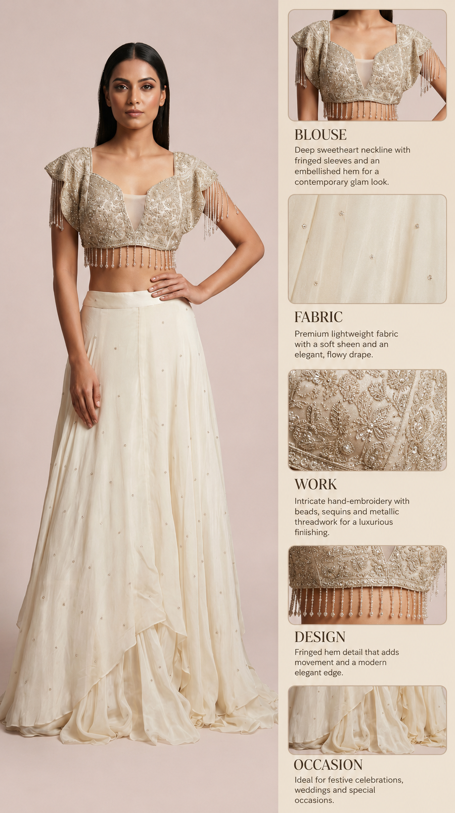 Ivory Pearl Embellished Draped Lehenga Set with Fringe Detailed Blouse
