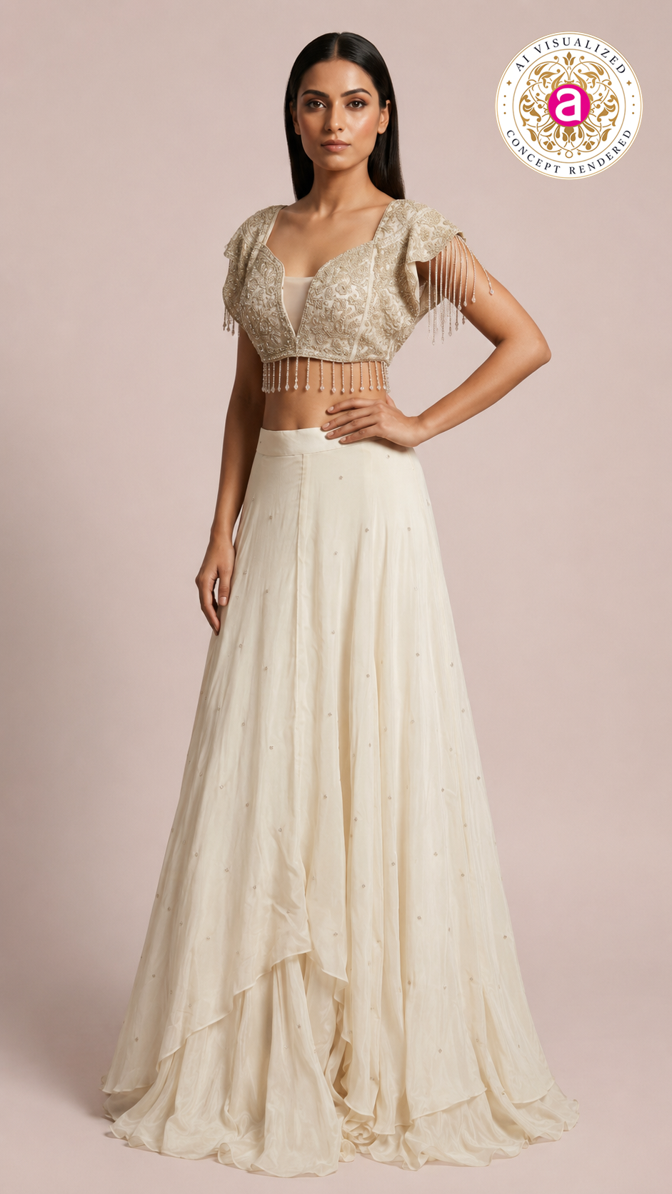 Ivory Pearl Embellished Draped Lehenga Set with Fringe Detailed Blouse
