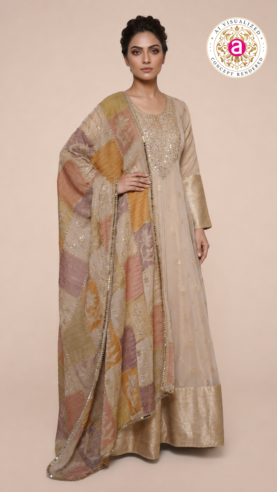 Ivory Gold Embroidered Anarkali Gown with Multicolour Patchwork Dupatta