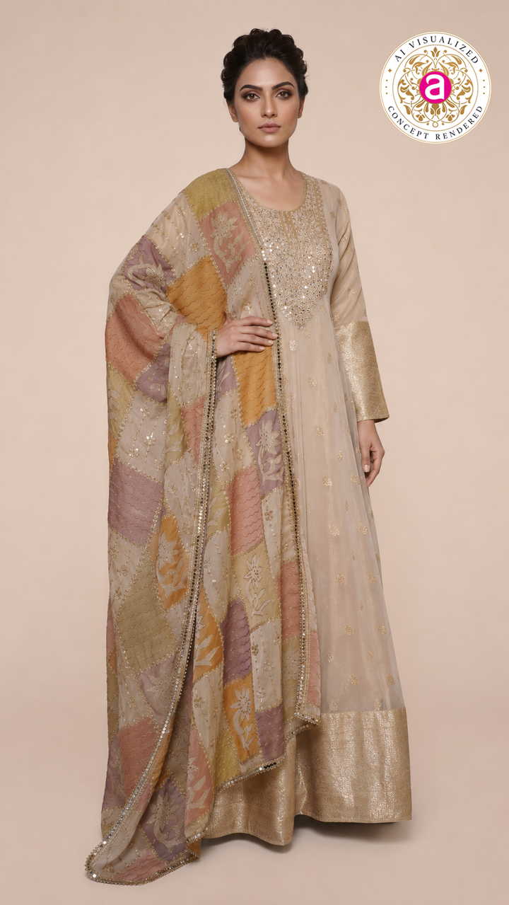 Ivory Gold Embroidered Anarkali Gown with Multicolour Patchwork Dupatta