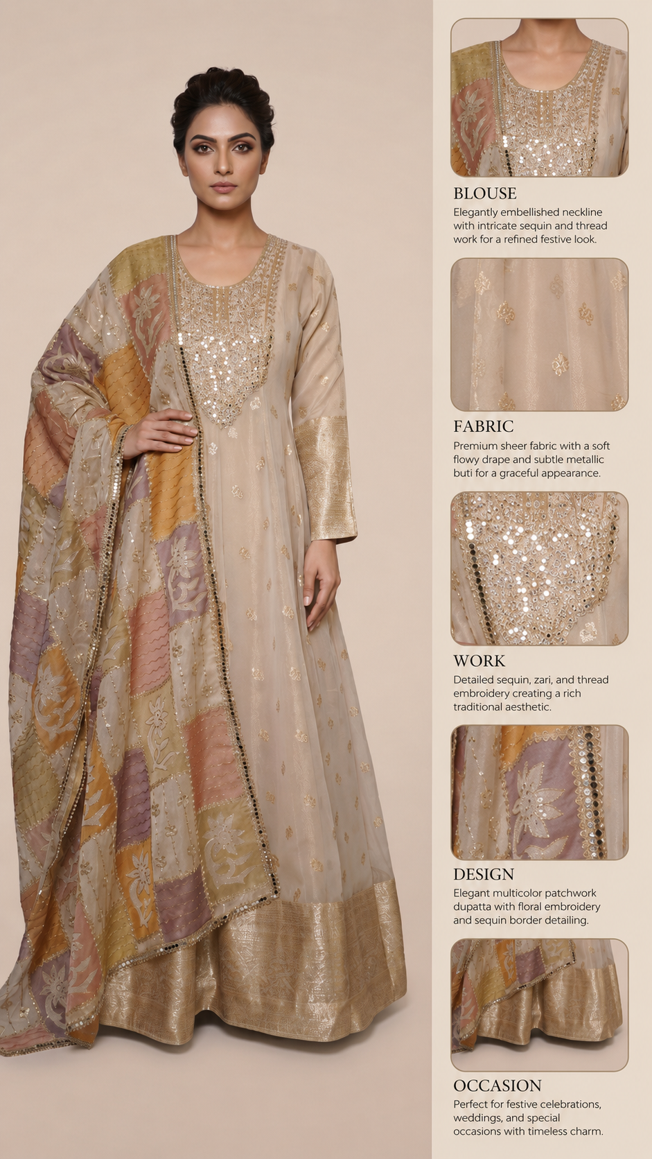 Ivory Gold Embroidered Anarkali Gown with Multicolour Patchwork Dupatta