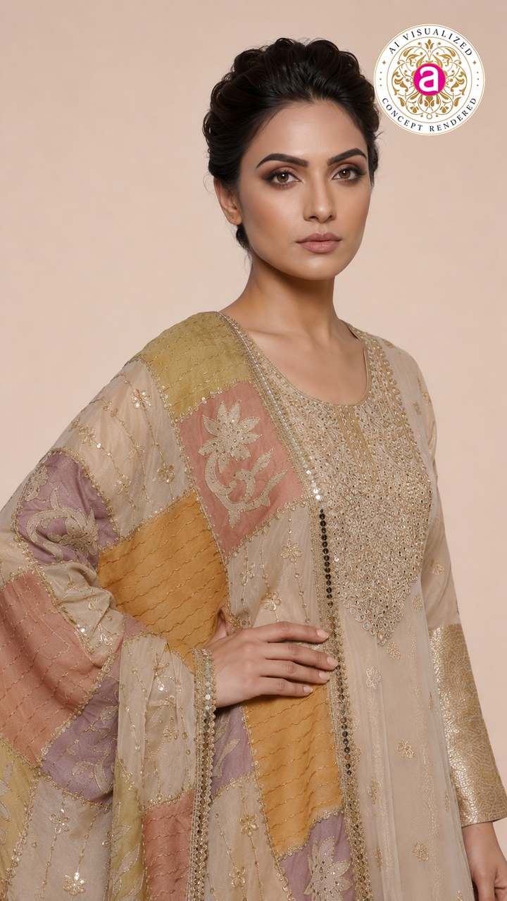 Ivory Gold Embroidered Anarkali Gown with Multicolour Patchwork Dupatta