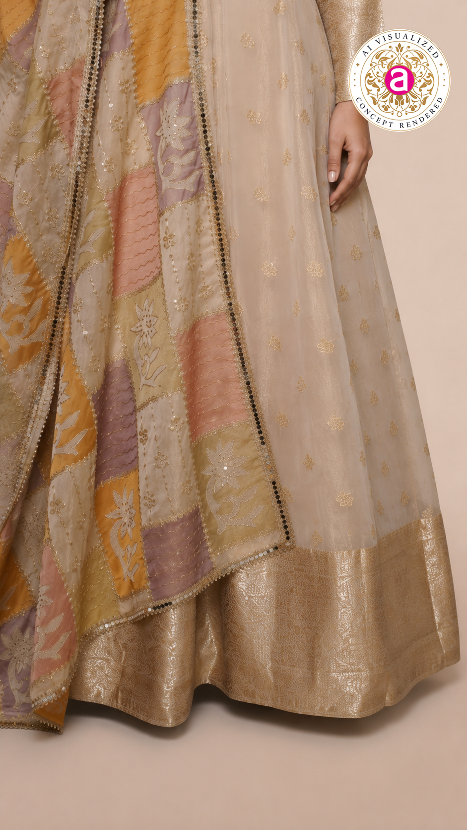 Ivory Gold Embroidered Anarkali Gown with Multicolour Patchwork Dupatta
