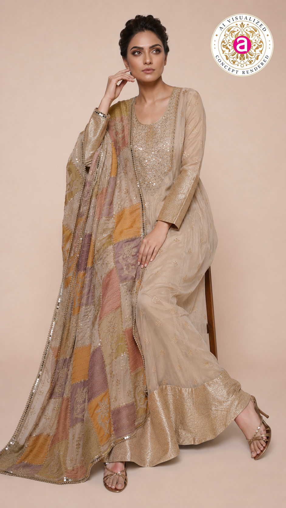 Ivory Gold Embroidered Anarkali Gown with Multicolour Patchwork Dupatta