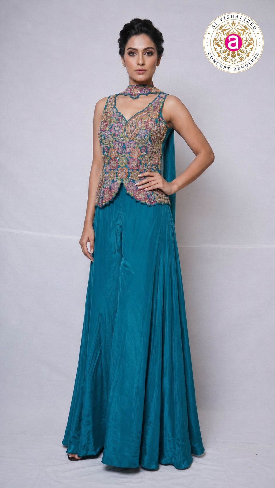 Teal Blue Kashmiri Embroidered Palazzo Set with Statement Choker Neckline