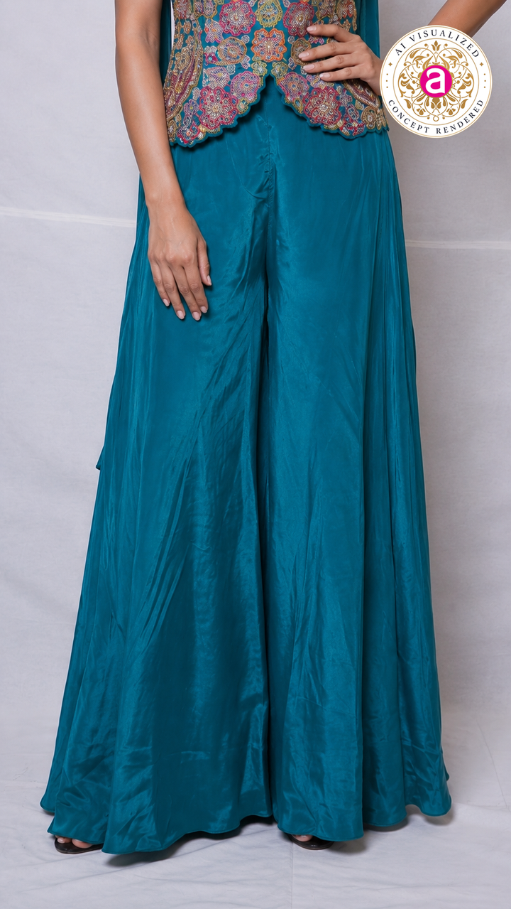 Teal Blue Kashmiri Embroidered Palazzo Set with Statement Choker Neckline