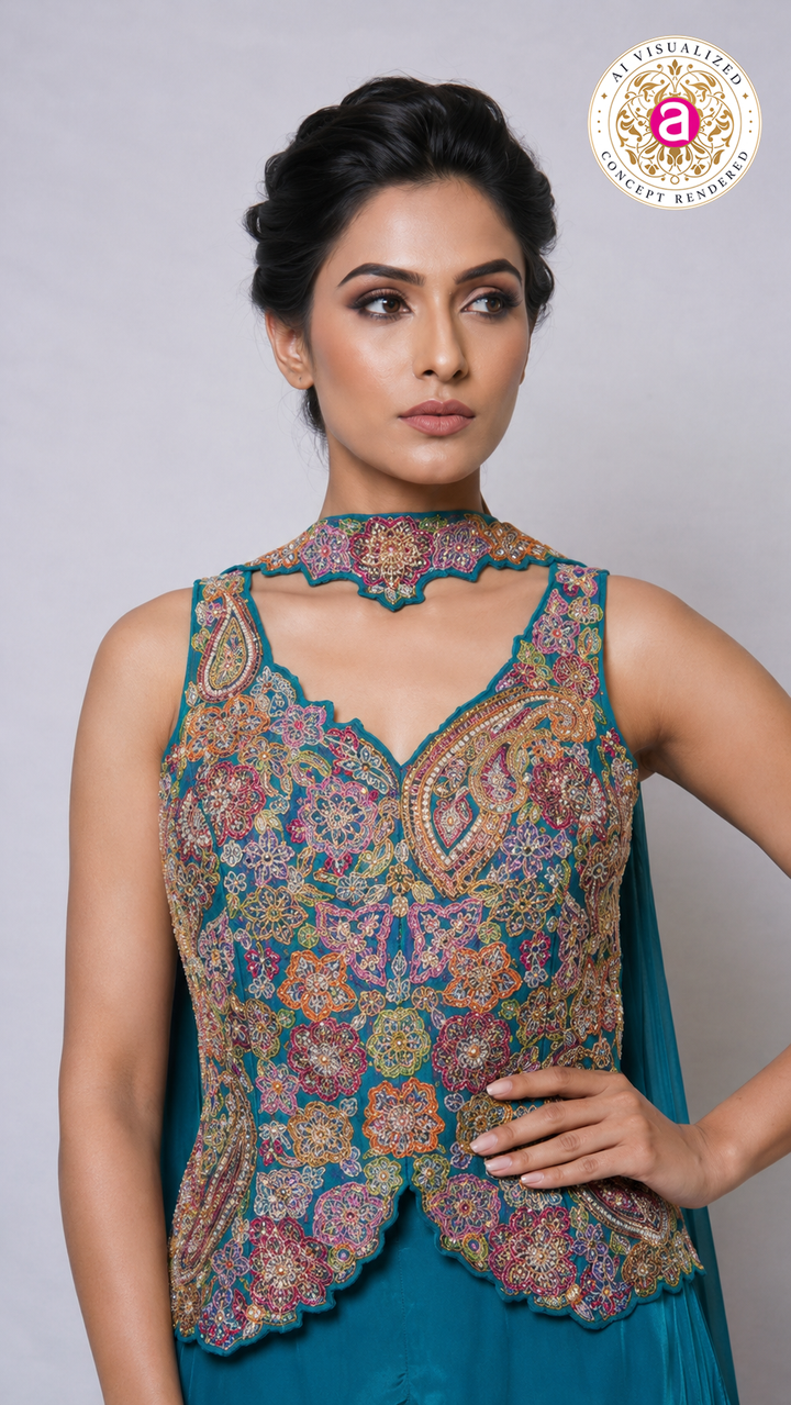 Teal Blue Kashmiri Embroidered Palazzo Set with Statement Choker Neckline