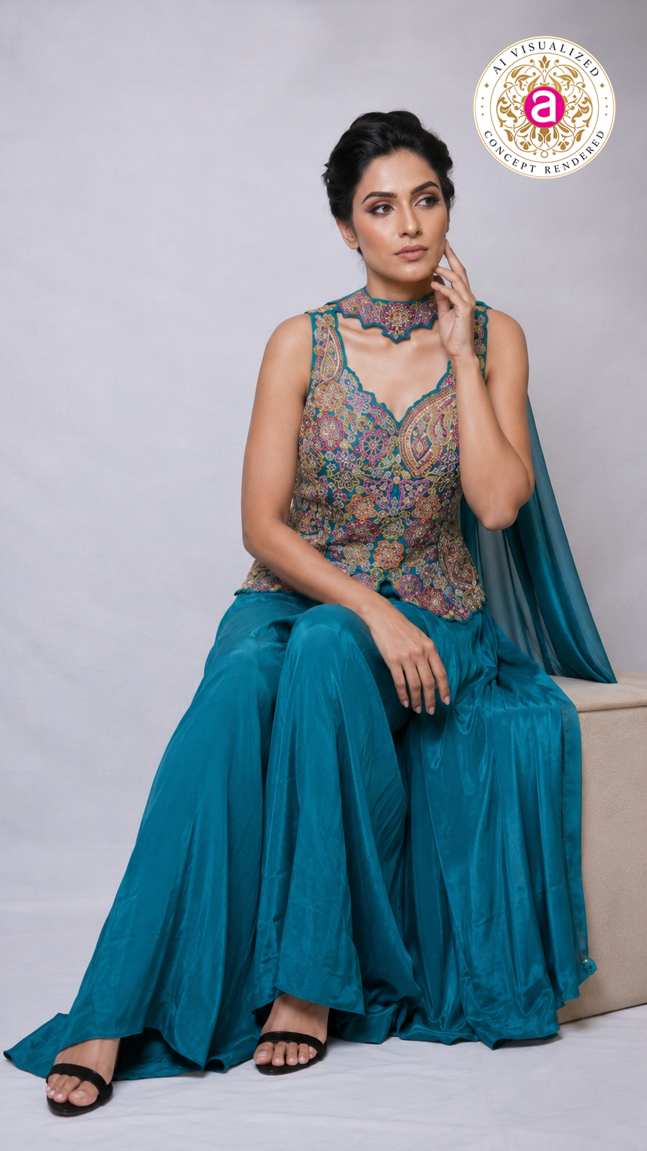 Teal Blue Kashmiri Embroidered Palazzo Set with Statement Choker Neckline