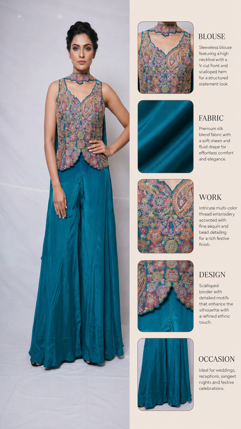 Teal Blue Kashmiri Embroidered Palazzo Set with Statement Choker Neckline