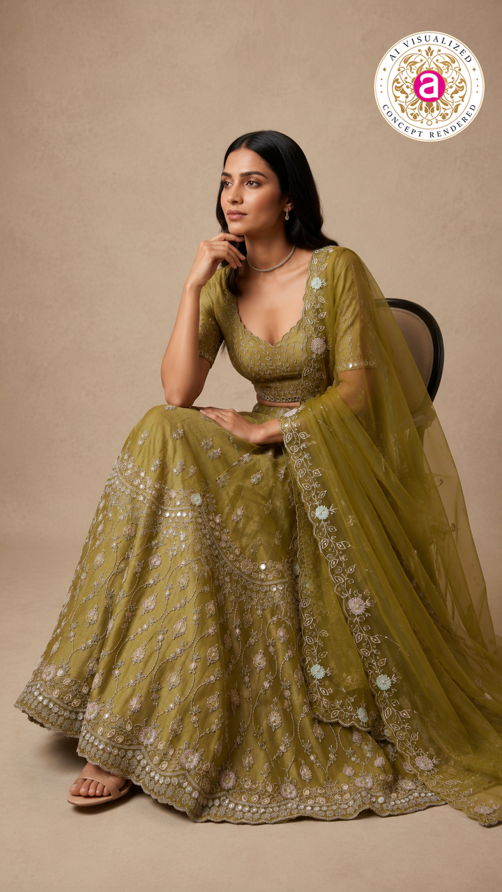 Olive Green Embroidered Designer Lehenga Set with Organza Dupatta
