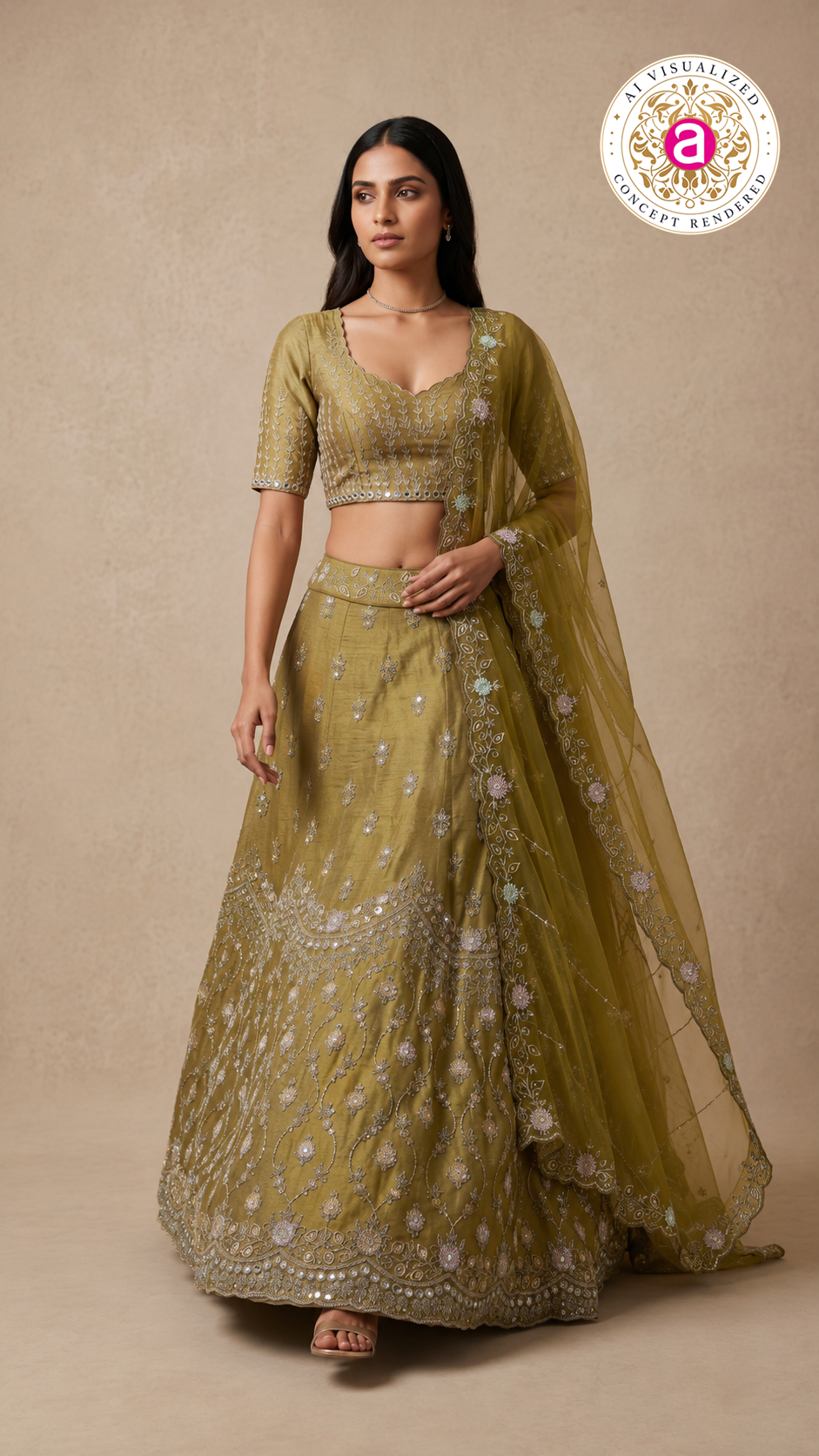 Olive Green Embroidered Designer Lehenga Set with Organza Dupatta