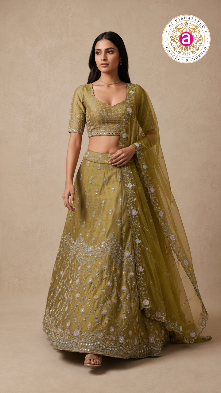 Olive Green Embroidered Designer Lehenga Set with Organza Dupatta
