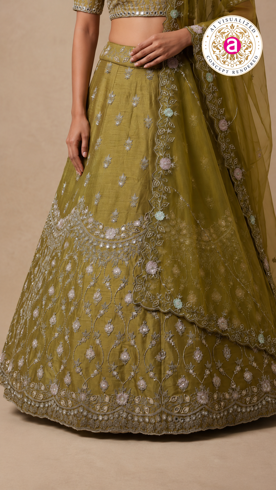 Olive Green Embroidered Designer Lehenga Set with Organza Dupatta