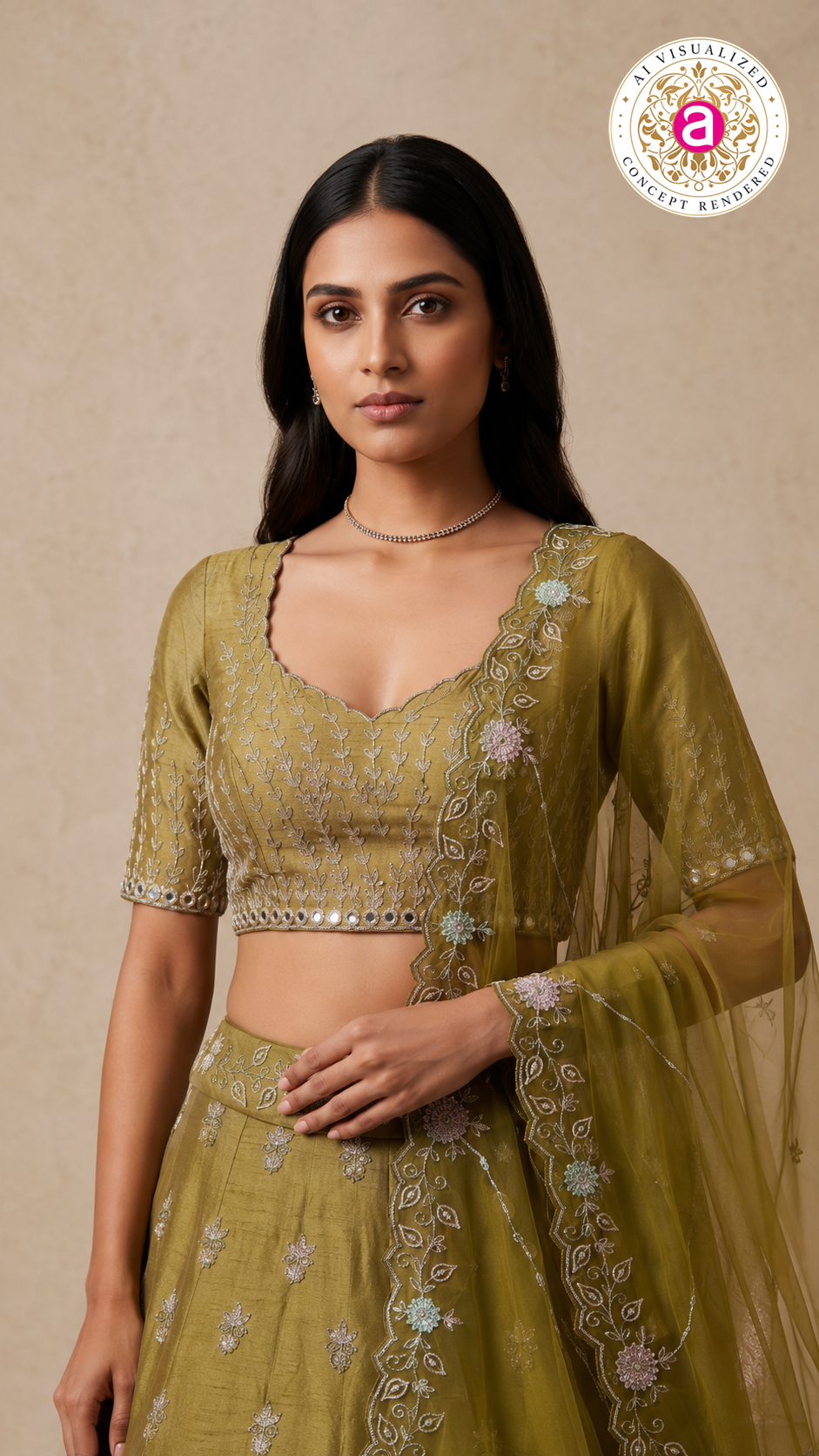 Olive Green Embroidered Designer Lehenga Set with Organza Dupatta