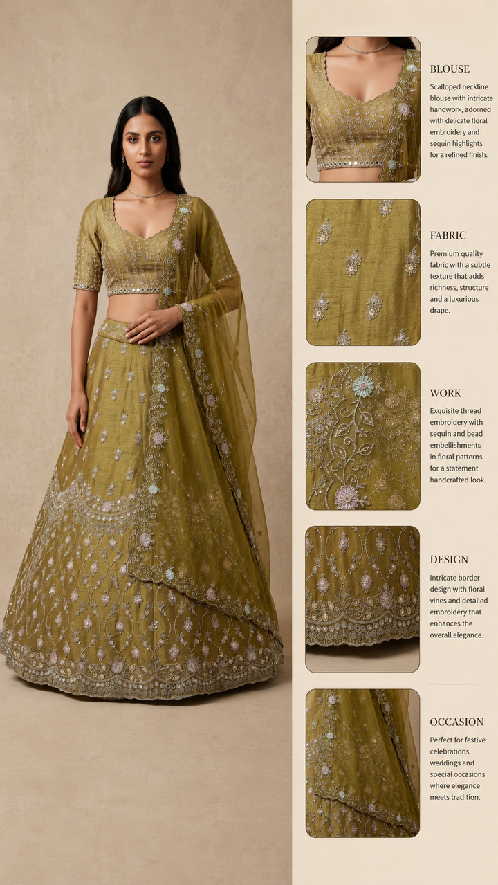 Olive Green Embroidered Designer Lehenga Set with Organza Dupatta