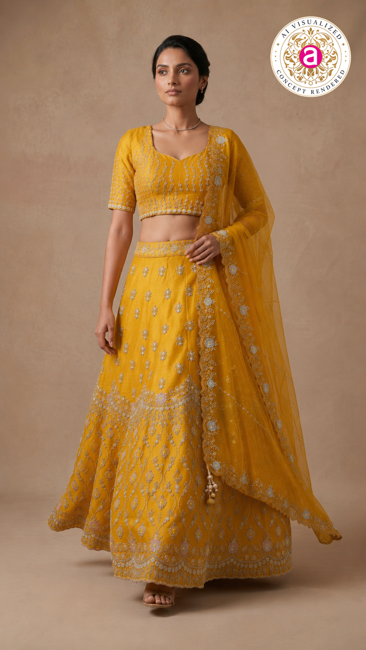 Sunshine Yellow Designer Embroidered Lehenga Set with Organza Dupatta