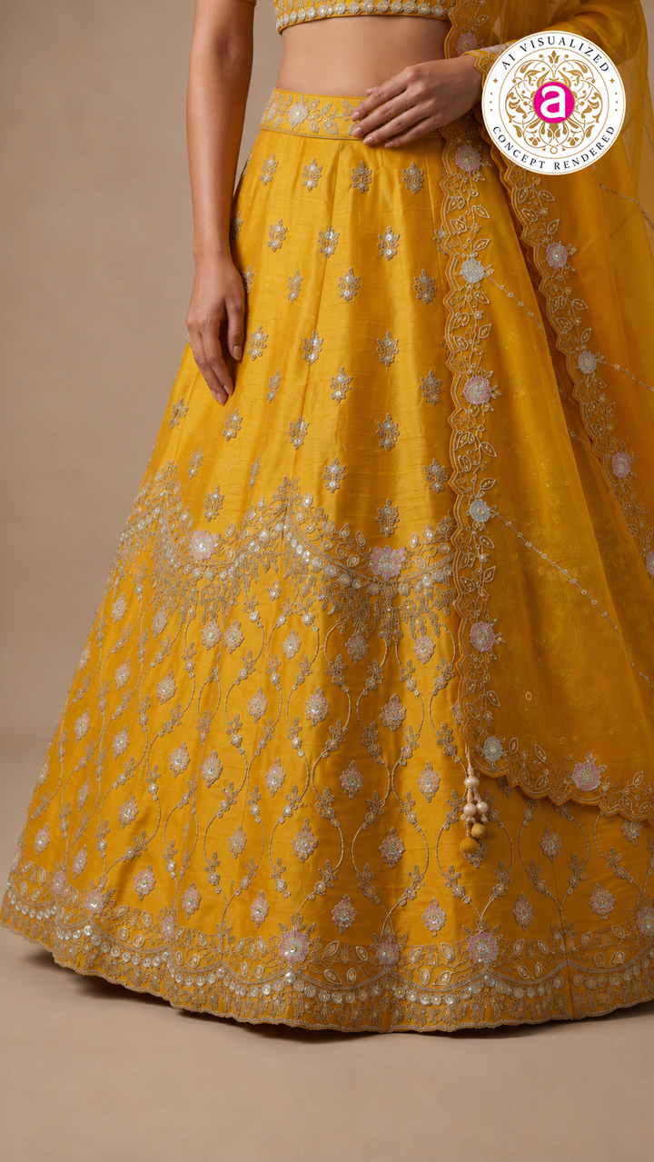 Sunshine Yellow Designer Embroidered Lehenga Set with Organza Dupatta