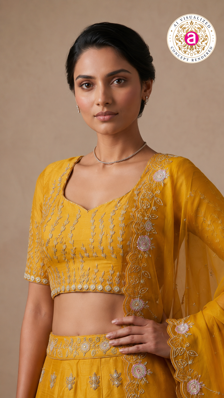 Sunshine Yellow Designer Embroidered Lehenga Set with Organza Dupatta