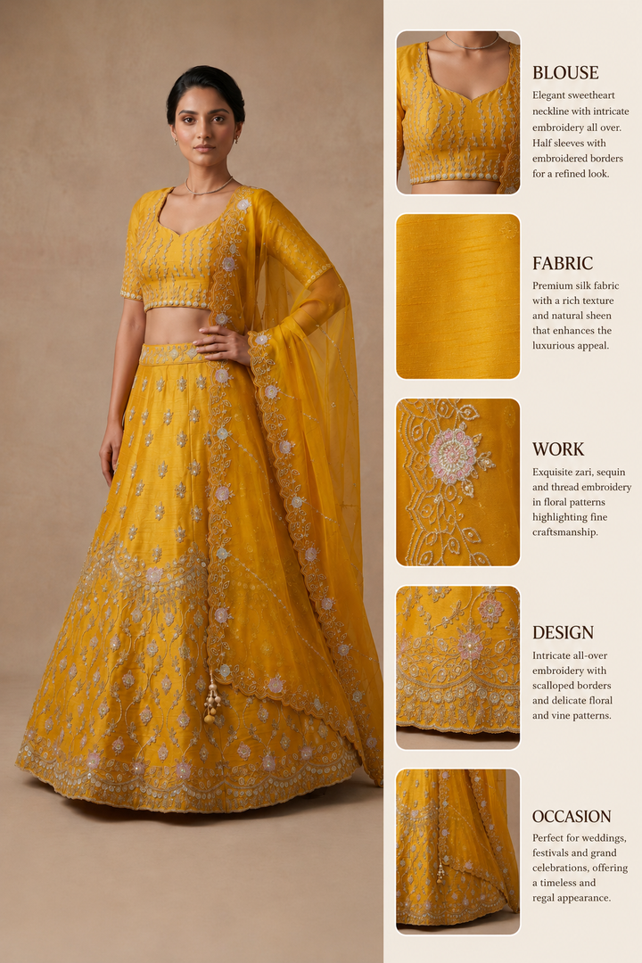 Sunshine Yellow Designer Embroidered Lehenga Set with Organza Dupatta