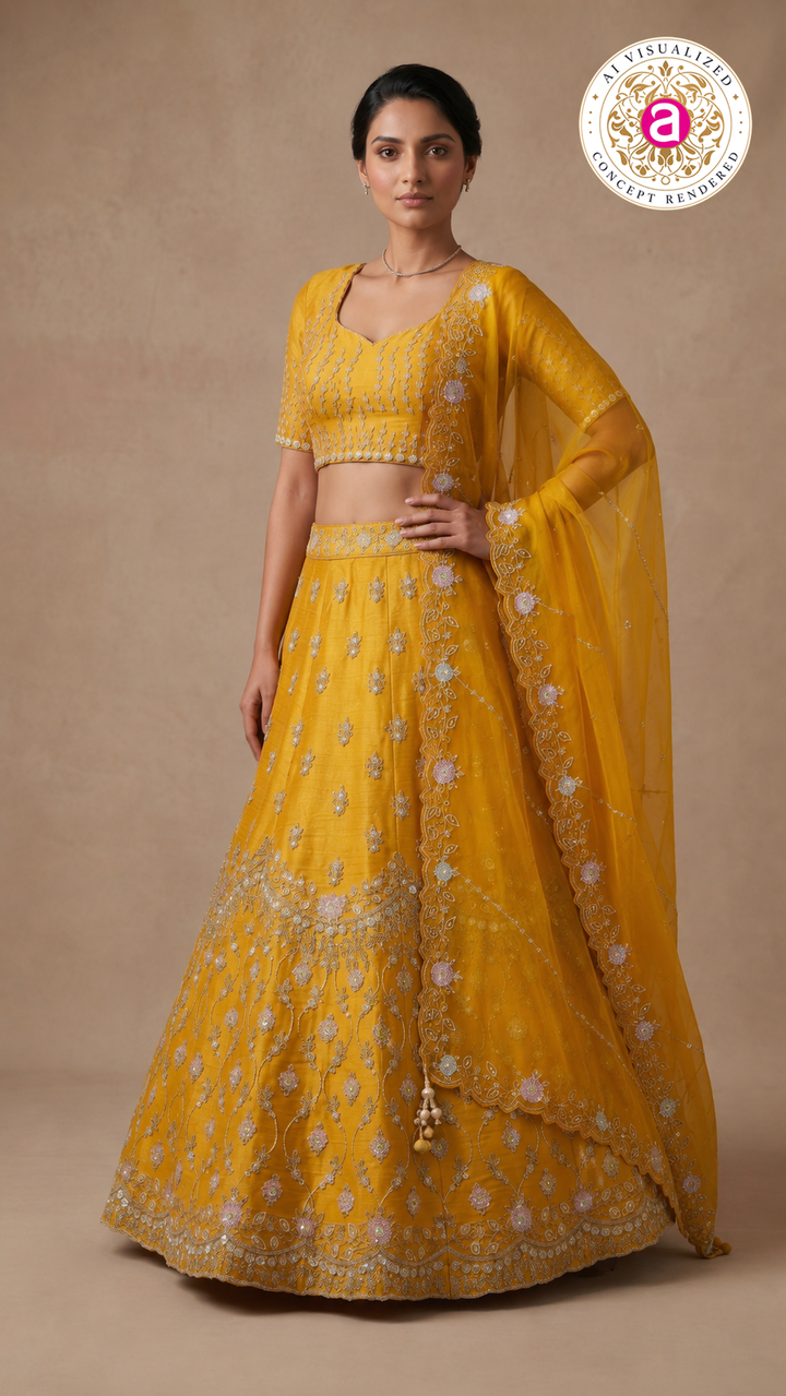 Sunshine Yellow Designer Embroidered Lehenga Set with Organza Dupatta