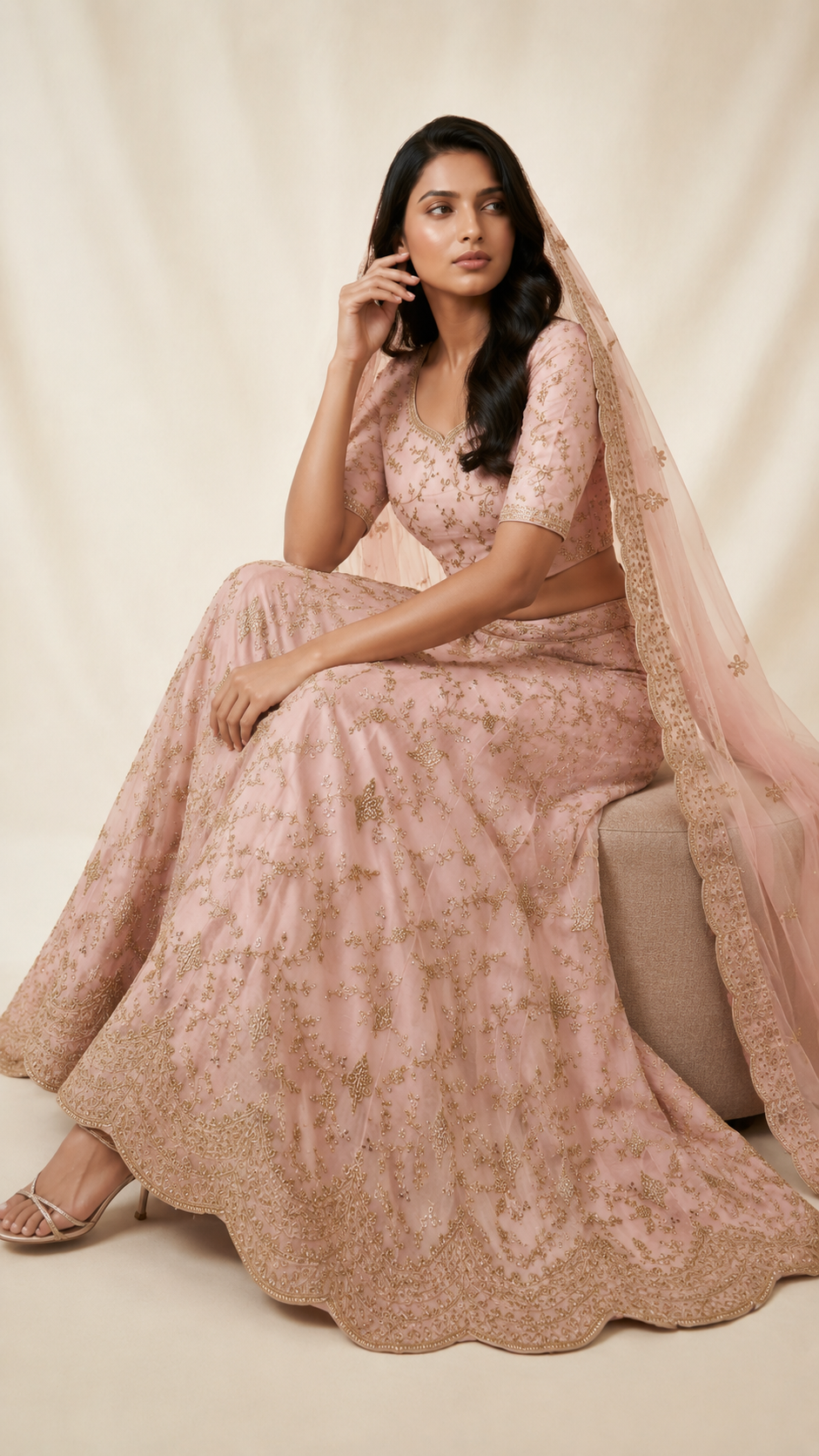 Blush Pink Designer Bridal Lehenga Set with Gold Zari Embroidery & Net Dupatta