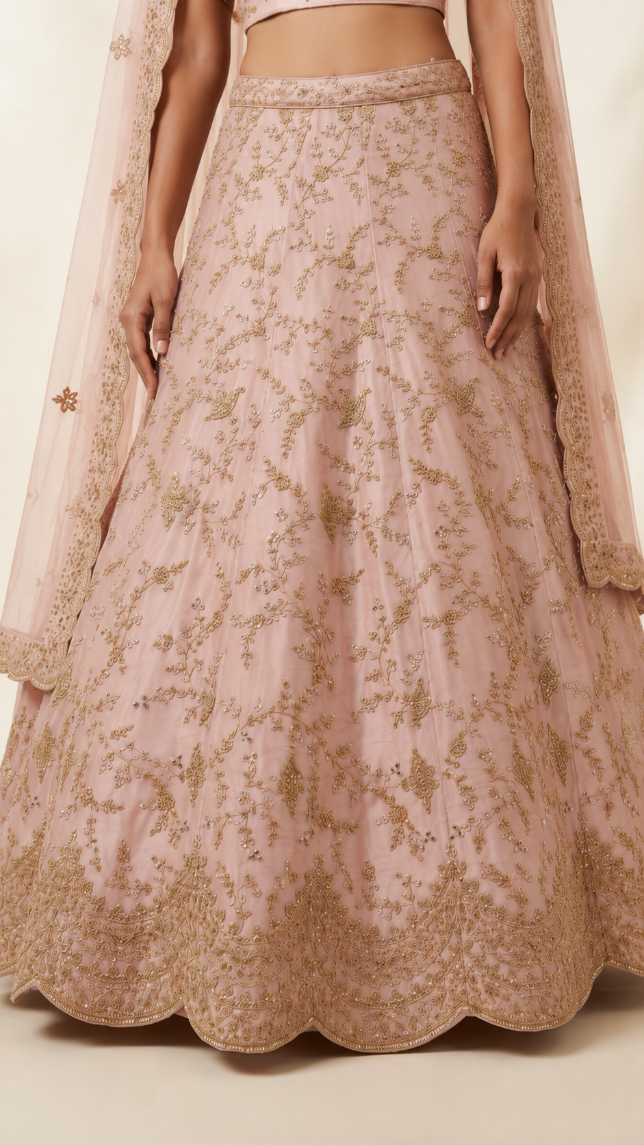 Blush Pink Designer Bridal Lehenga Set with Gold Zari Embroidery & Net Dupatta