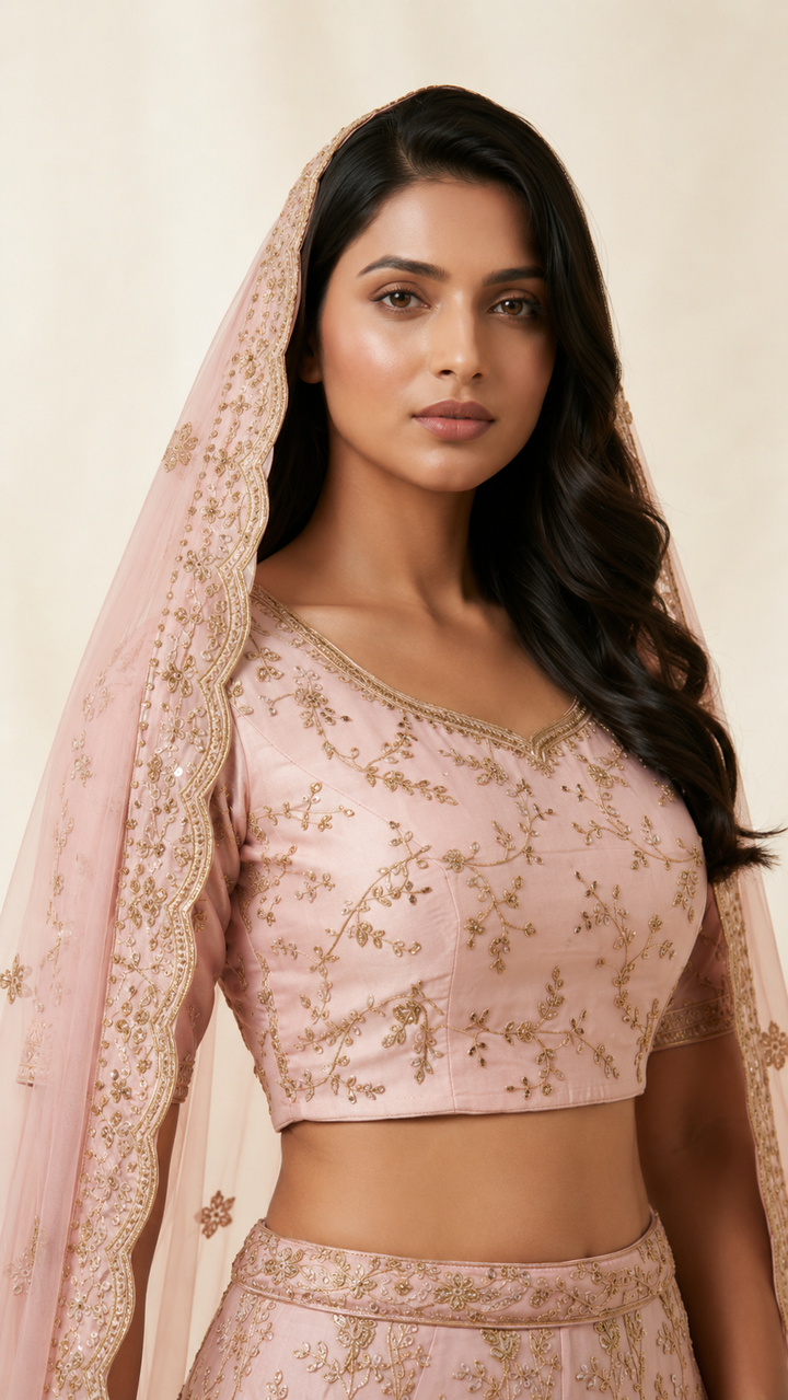 Blush Pink Designer Bridal Lehenga Set with Gold Zari Embroidery & Net Dupatta