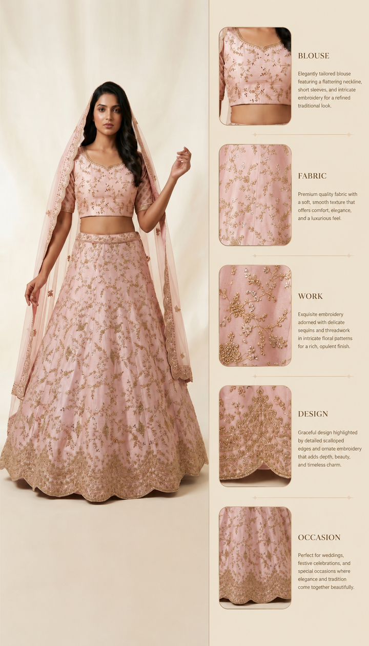 Blush Pink Designer Bridal Lehenga Set with Gold Zari Embroidery & Net Dupatta