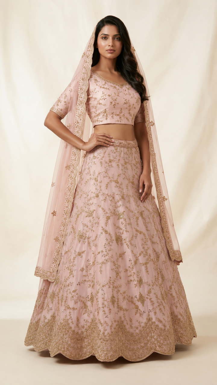 Blush Pink Designer Bridal Lehenga Set with Gold Zari Embroidery & Net Dupatta