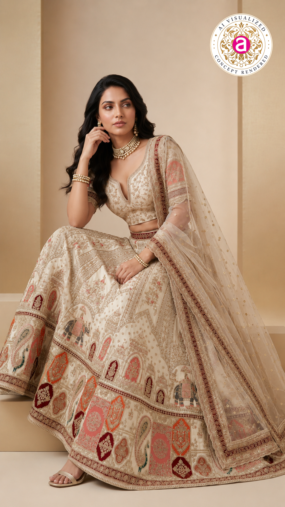 Ivory White Designer Lehenga Set with Heritage Motif Embroidery & Organza Dupatta