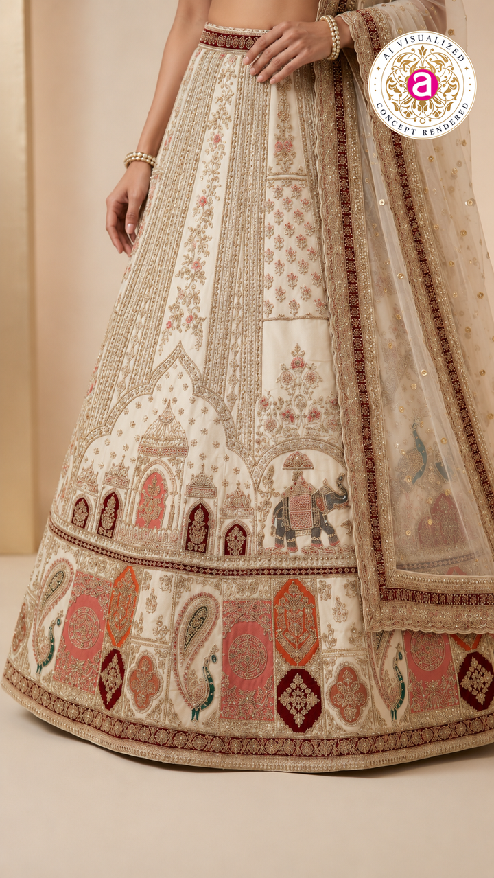 Ivory White Designer Lehenga Set with Heritage Motif Embroidery & Organza Dupatta