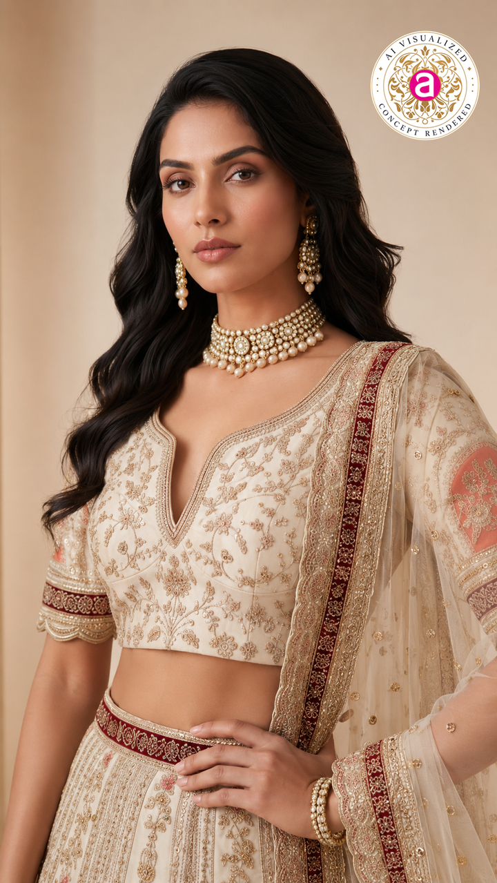 Ivory White Designer Lehenga Set with Heritage Motif Embroidery & Organza Dupatta