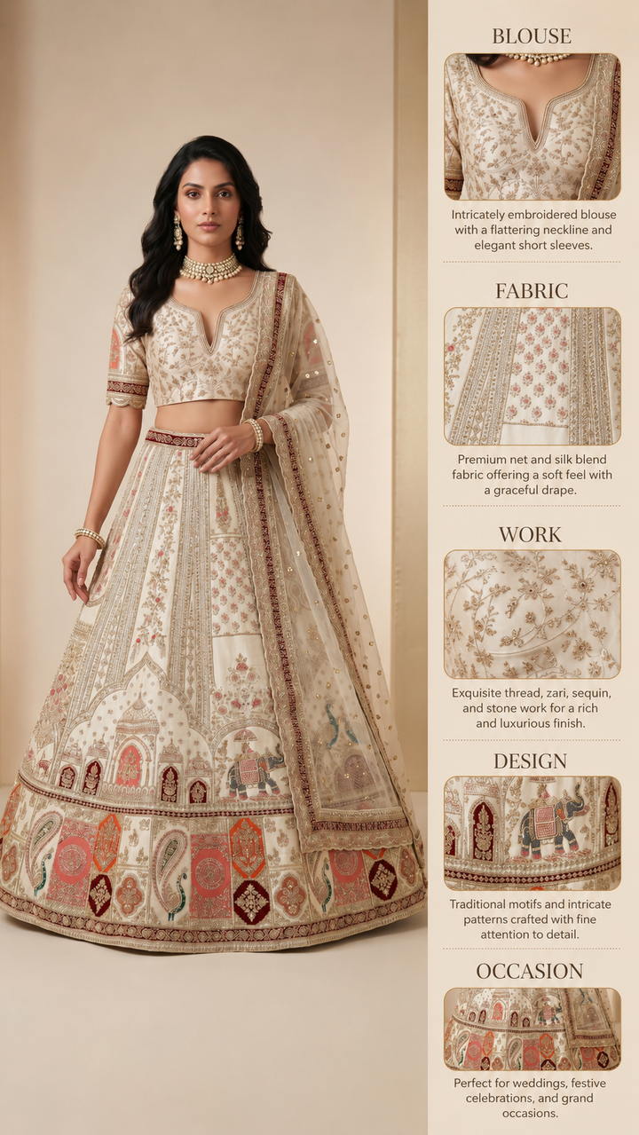 Ivory White Designer Lehenga Set with Heritage Motif Embroidery & Organza Dupatta