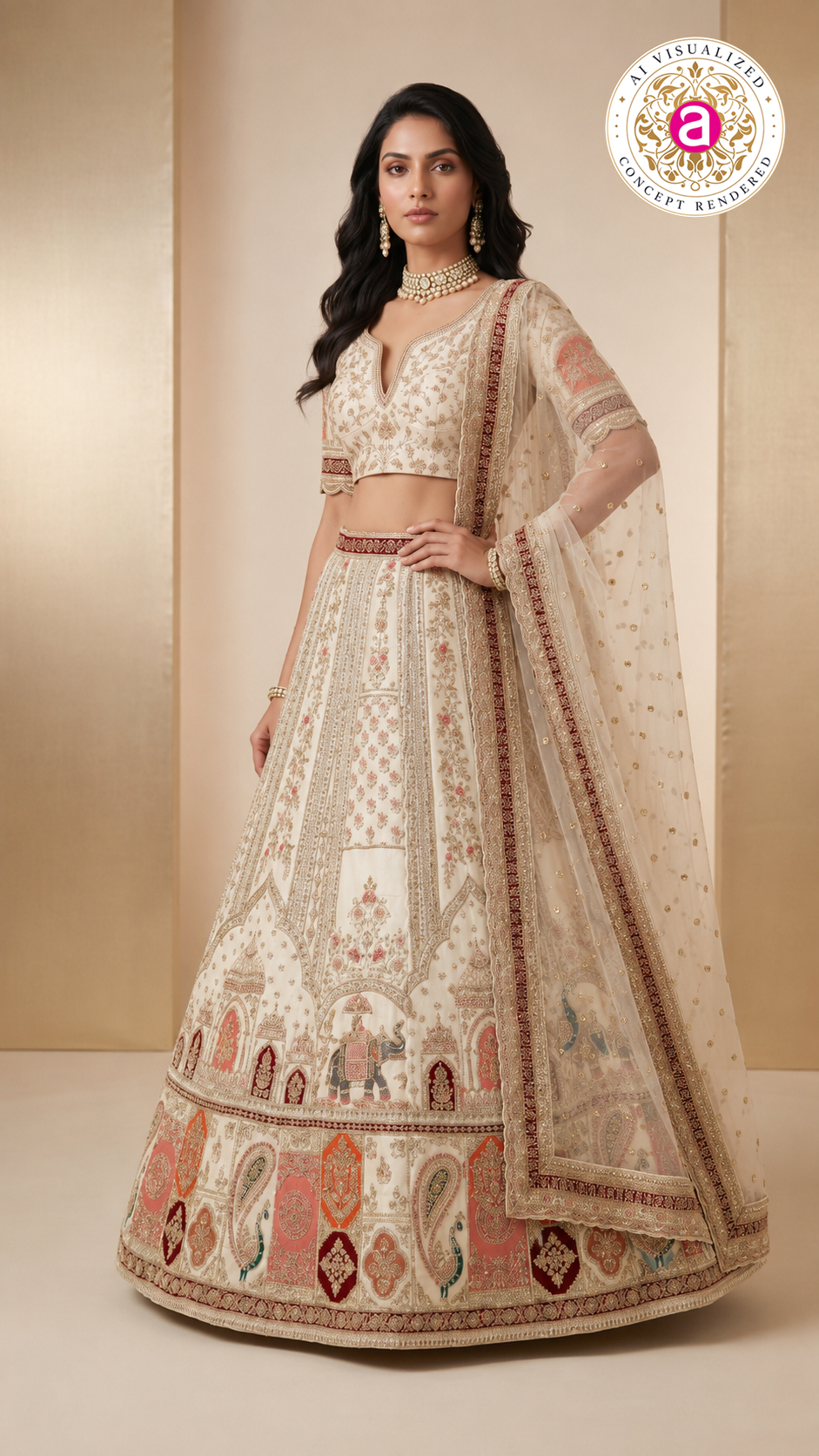 Ivory White Designer Lehenga Set with Heritage Motif Embroidery & Organza Dupatta