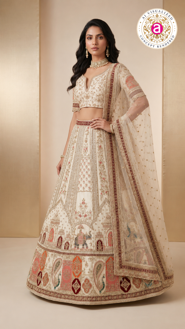 Ivory White Designer Lehenga Set with Heritage Motif Embroidery & Organza Dupatta