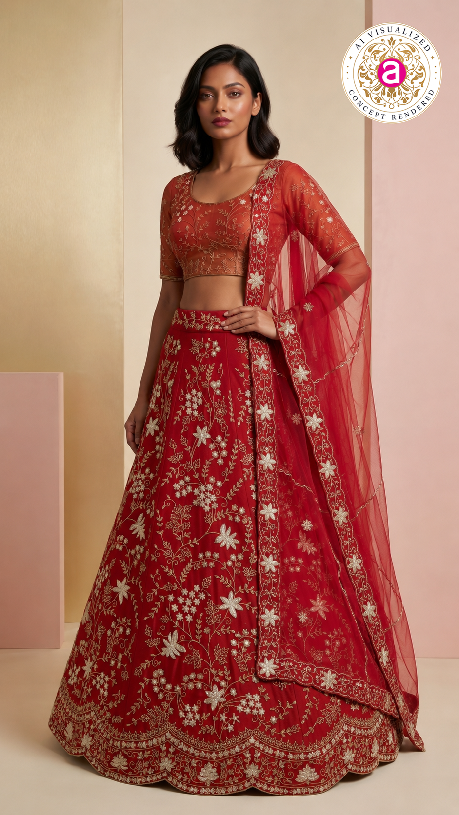 Ruby Red Designer Lehenga Set with Floral Zari Embroidery & Organza Dupatta