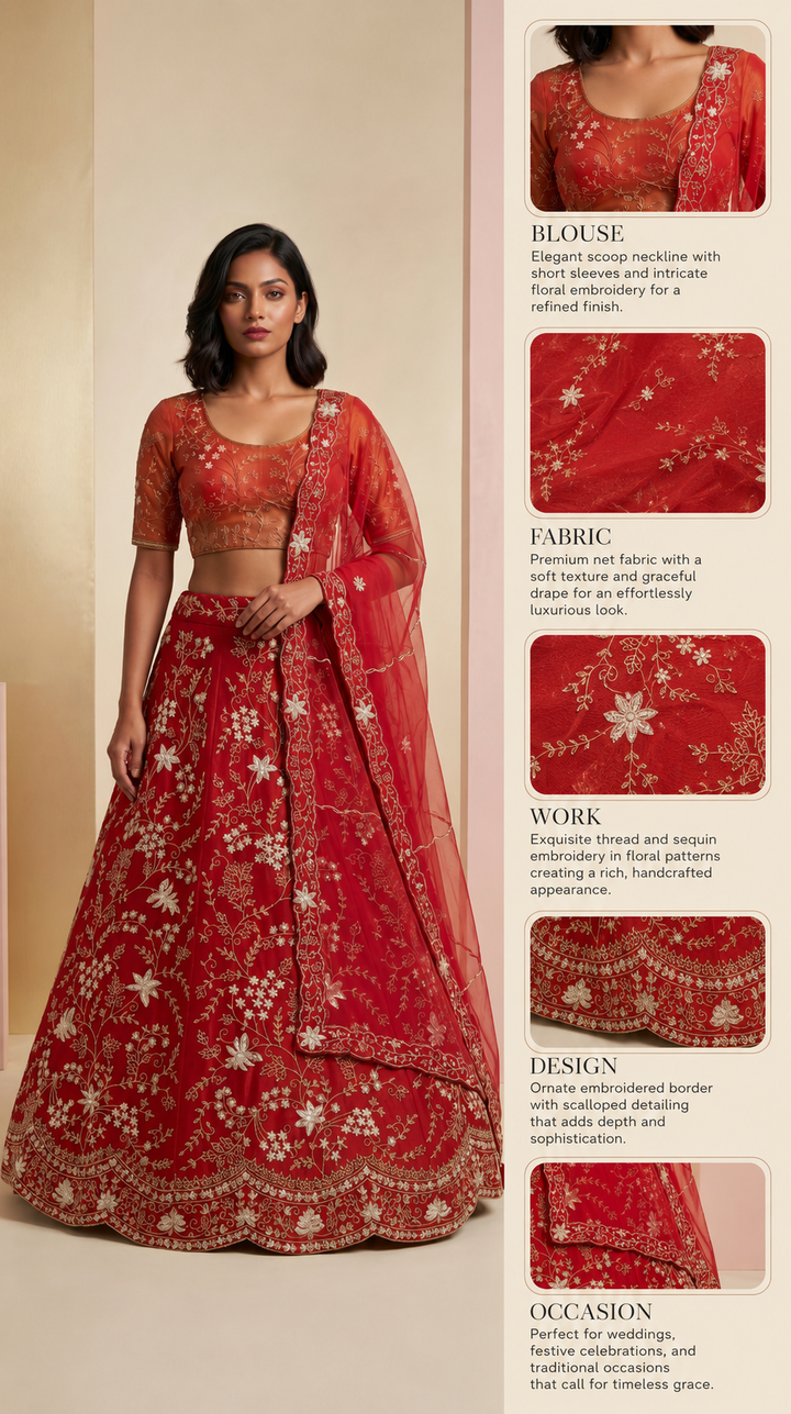 Ruby Red Designer Lehenga Set with Floral Zari Embroidery & Organza Dupatta