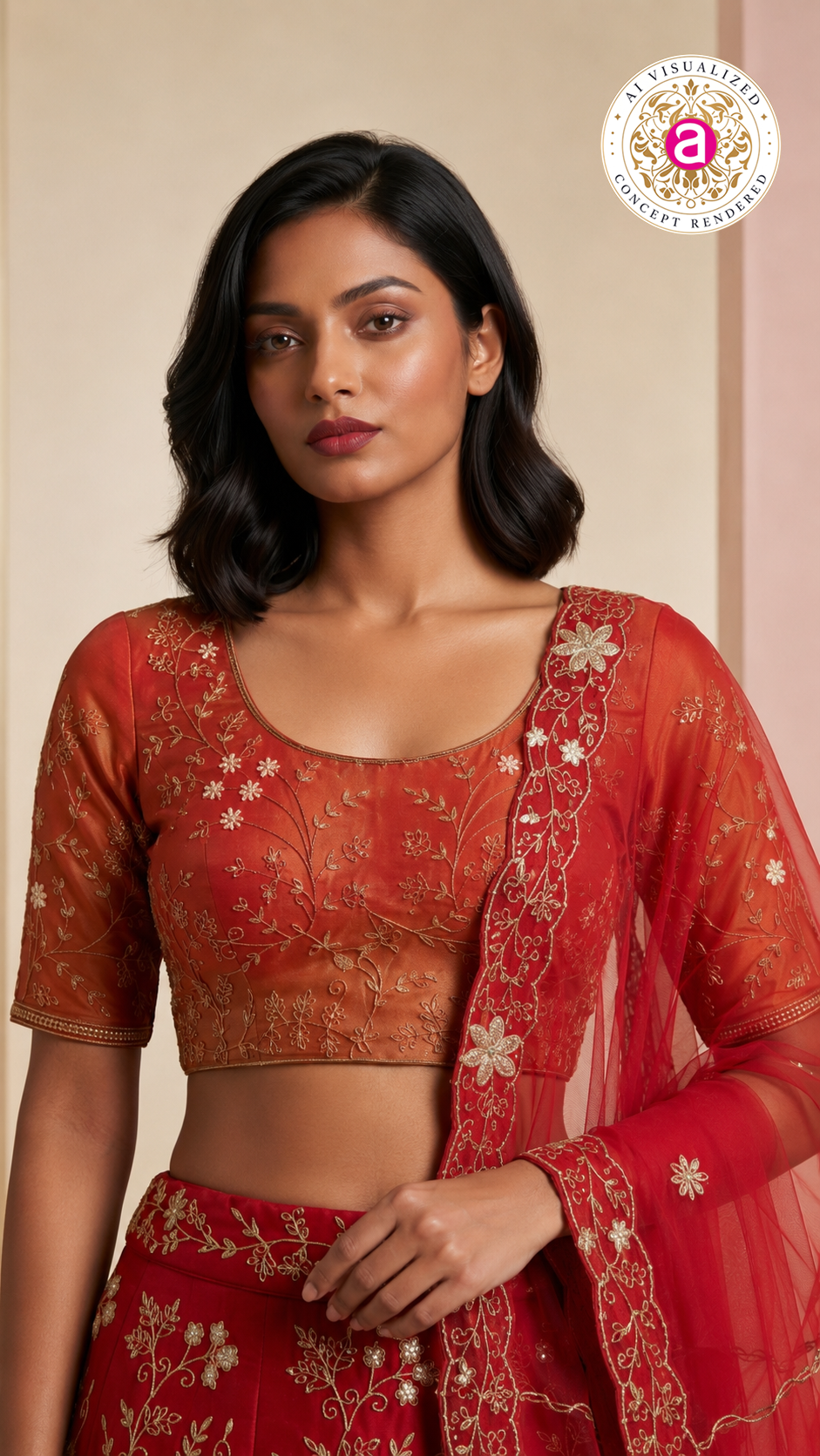Ruby Red Designer Lehenga Set with Floral Zari Embroidery & Organza Dupatta