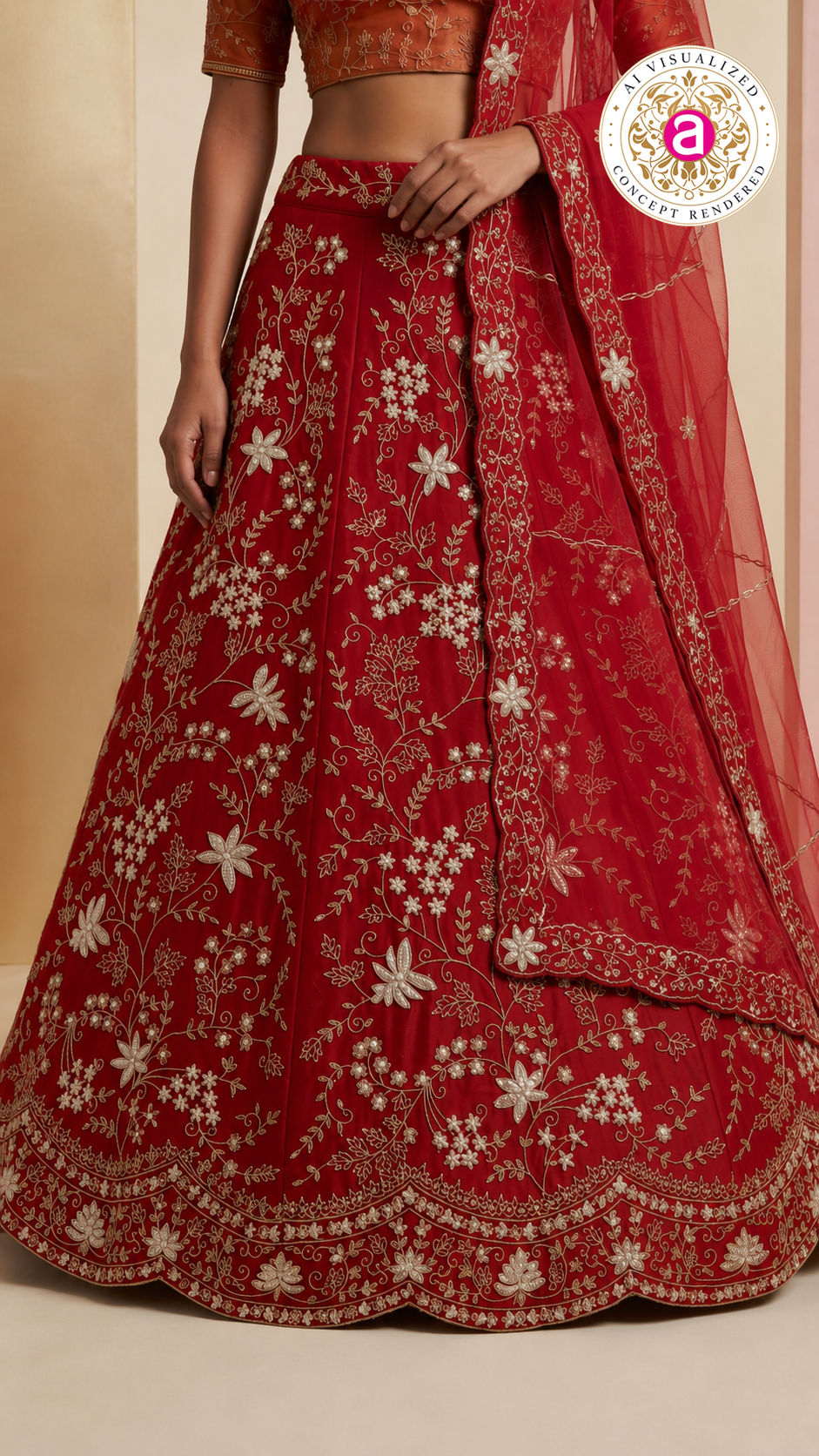 Ruby Red Designer Lehenga Set with Floral Zari Embroidery & Organza Dupatta