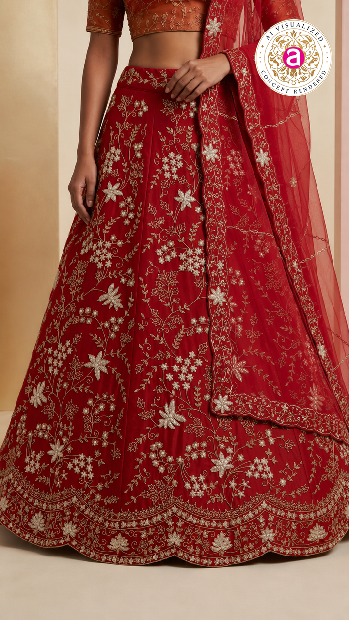 Ruby Red Designer Lehenga Set with Floral Zari Embroidery & Organza Dupatta